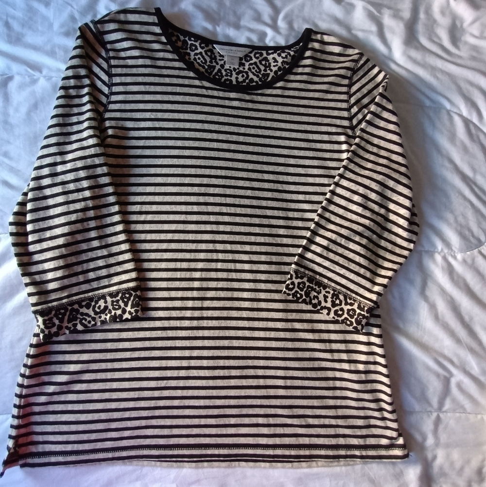 Christopher & Banks 3/4 sleeve striped leopard print shirt size L petite